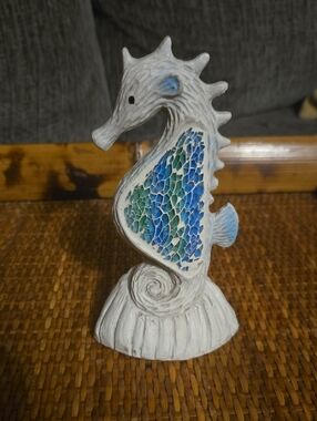 Source Unknown White Seahorse Sculpture with Blue and Green Mosaic